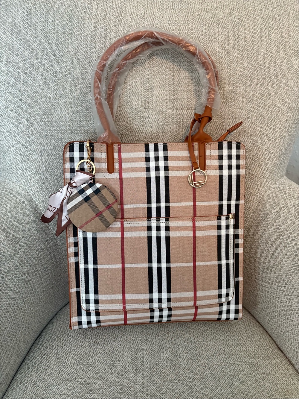 Loulu Plaid Tote in Beige, Black, White and Red NWOT